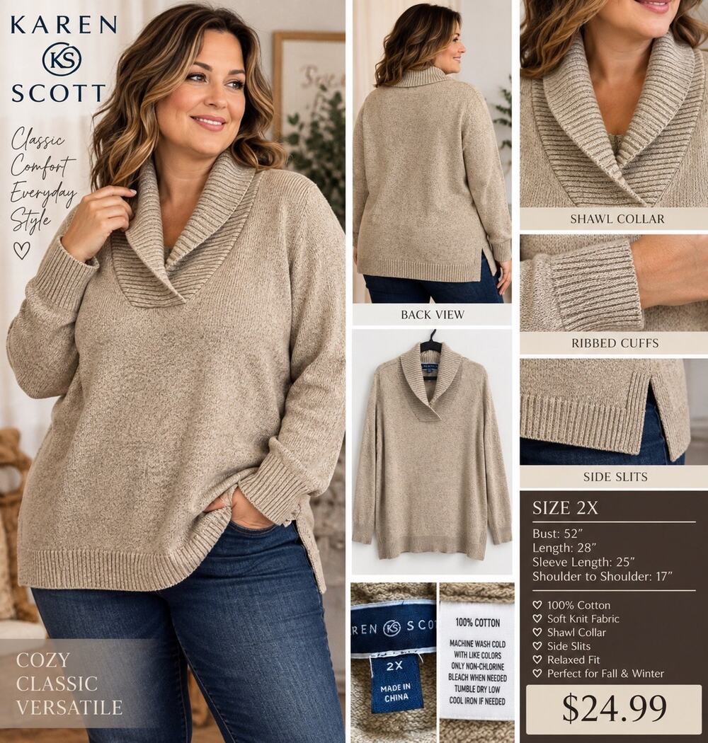 Karen Scott Women’s 2X Plus Size Cotton Shawl Collar Sweater Oatmeal Beige